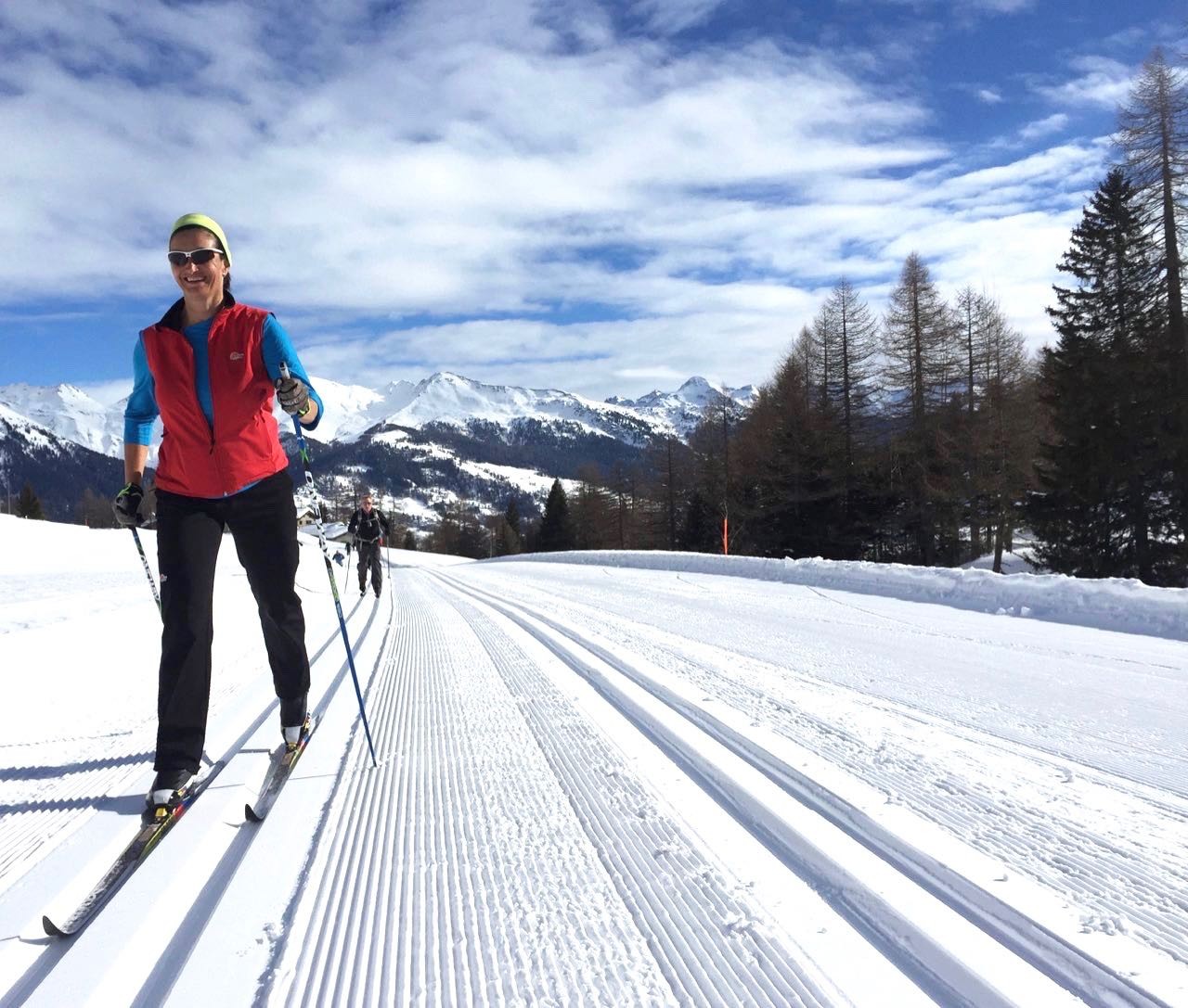 Perfect snow conditions for cross-country skiing. The ski tracks are 'pressed' each day by grooming machines creating a smooth surface.
